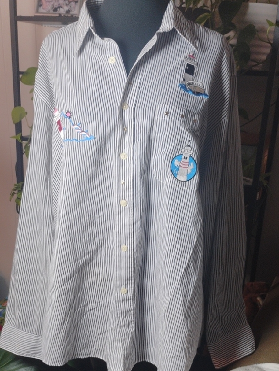 Mili Designs Tops - Mili Womens Black & White Striped Button-Down Shirt with Nautical Embroidery